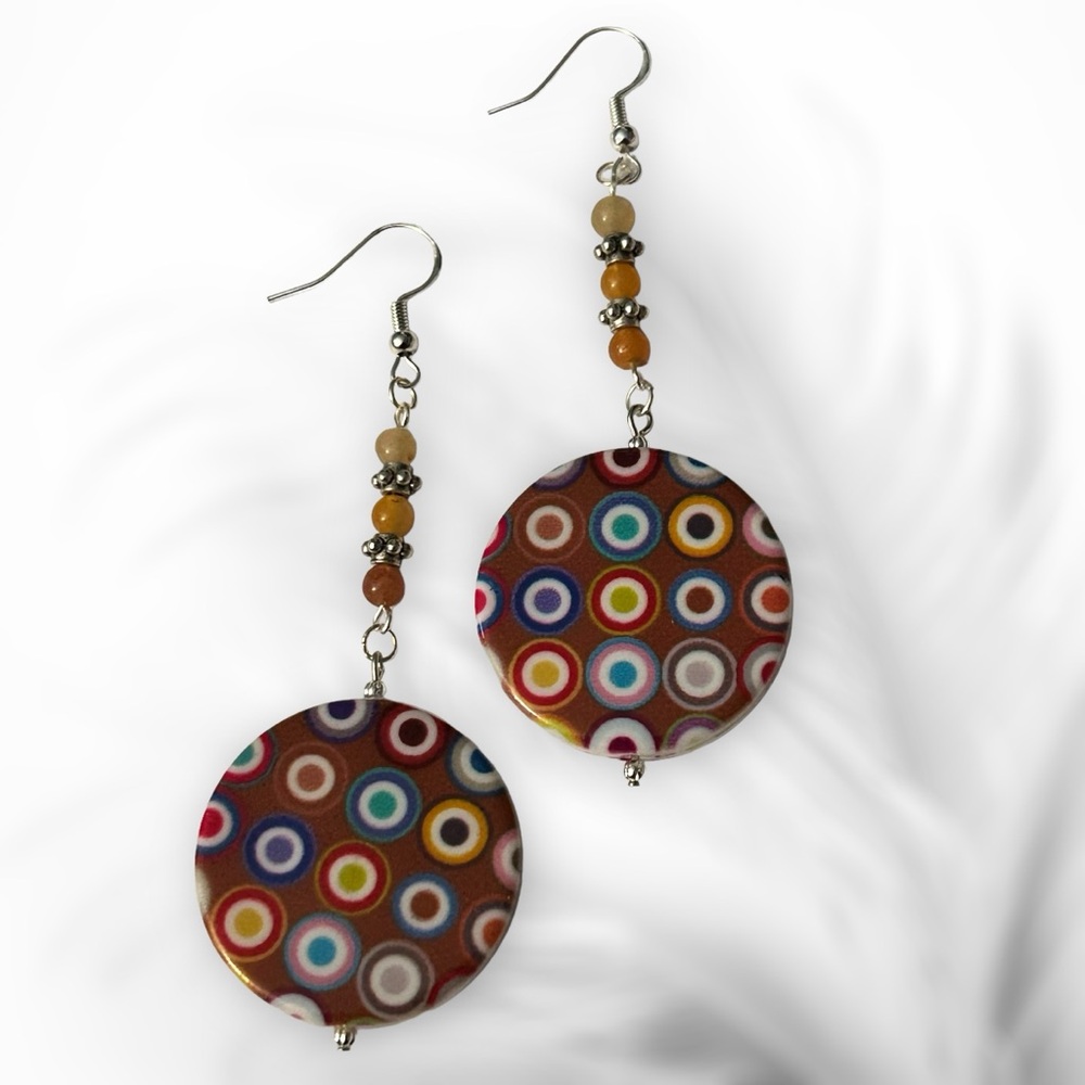 Hand Crafted Earrings Circles Geometric Boho Dangle Silver Brown Yellow Pierced